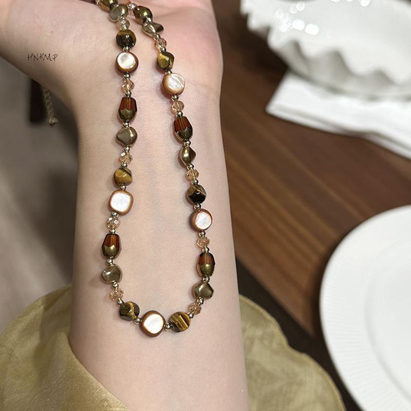 Hổ mắt đá choker handmade nâu tự nhiên, đính hạt - phụ kiện thời trang dành cho nữ