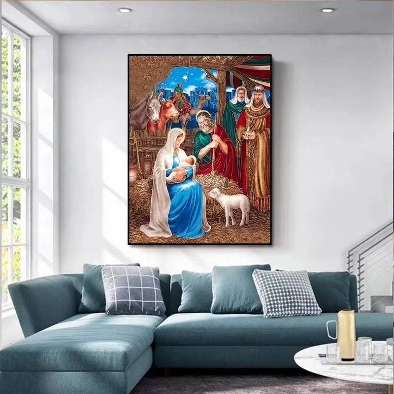 Tân Cổ Điển Chúa Giêsu Sinh Tại Manger Biểu Tượng Tôn Giáo Tranh Canvas - Chủ Đề Cầu Nguyện, Thanh Lịch & Lớn, Nghệ Thuật Treo Tường Cho Nghiên Cứu Lối Vào Tường Tiêu Đề