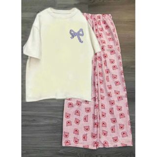 SÉT BỘ ĐỒ NỮ QUẦN HEO HỒNG + PHỐI ÁO PHÔNG TAY NGẮN -NƠ KẺ CARO TÍM-thuba94