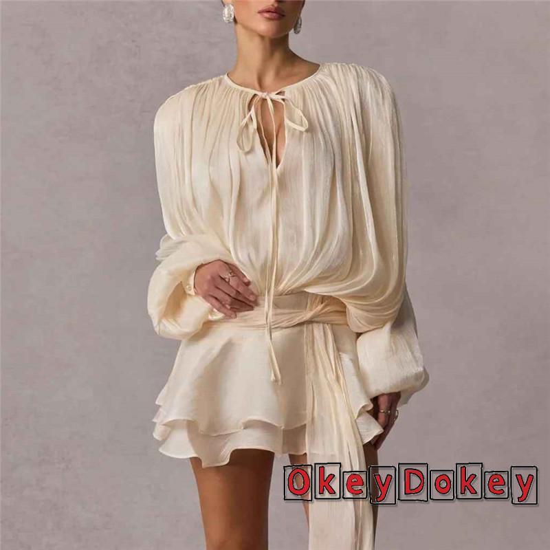 Đầm ngắn nữ ruffle tay đèn lồng, buộc mặt trước, màu trơn xếp ly