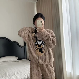 Hàng sẵn có Thu Đông San Hô Lông Cừu Flannel Hoạt Hình Gấu Dễ Thương Thời Trang Dài Homewear Bộ Đồ Ngủ Quần Dài Tay Phù Hợp Với