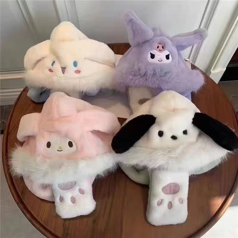 Mũ len lông cừu cho bé, mũ chùm đầu giữ ấm 3in1 kèm khăn quàng cổ và găng tay hoạ tiết kuromi, melody