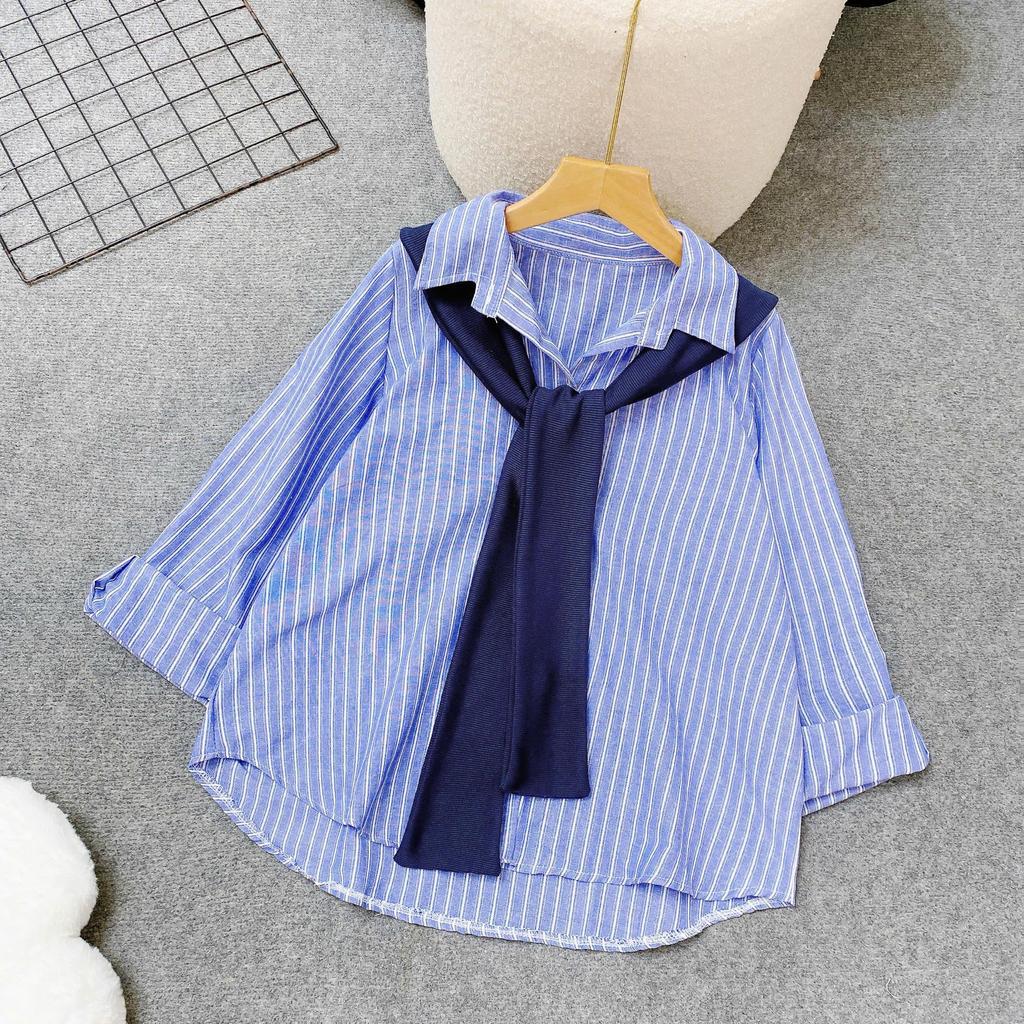 Áo sơ mi bigsize nữ Hàn Quốc kẻ sọc phối khăn thủy thủ – Dáng xinh che khuyết điểm cho nàng 50–93kg – A328+A195
