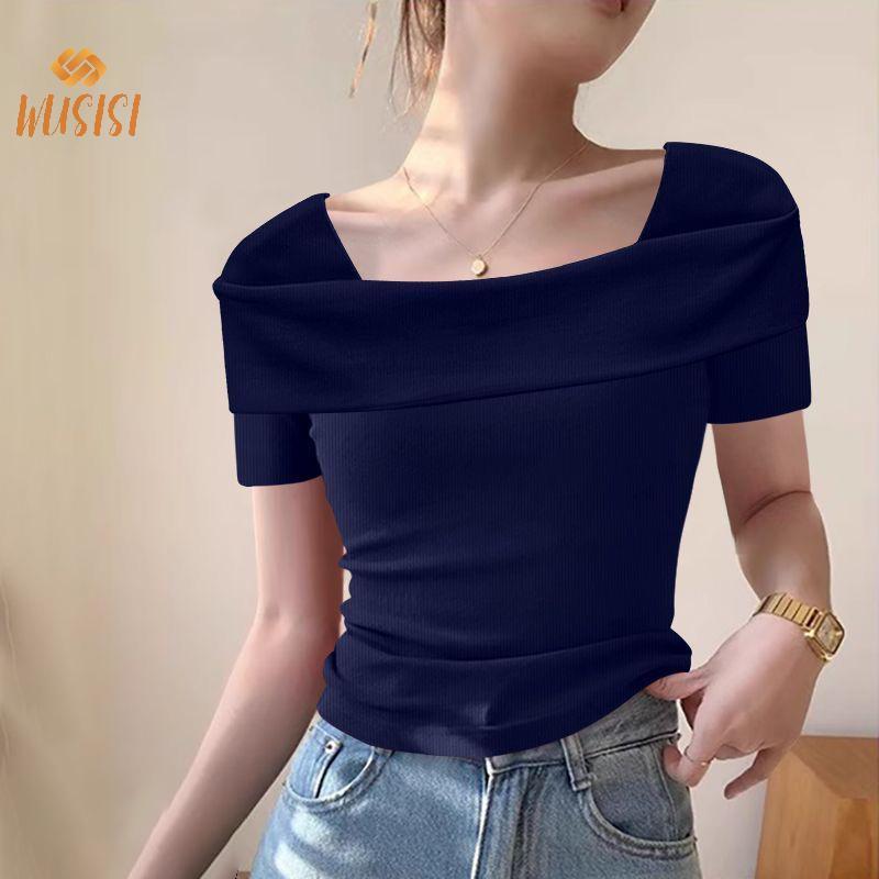 Áo thun ngắn tay cổ vuông màu trơn phong cách Hàn Quốc dành cho nữ