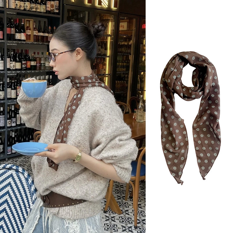 Khăn lụa chấm bi màu nâu phong cách Hàn Quốc, chất lượng cao dành cho nữ