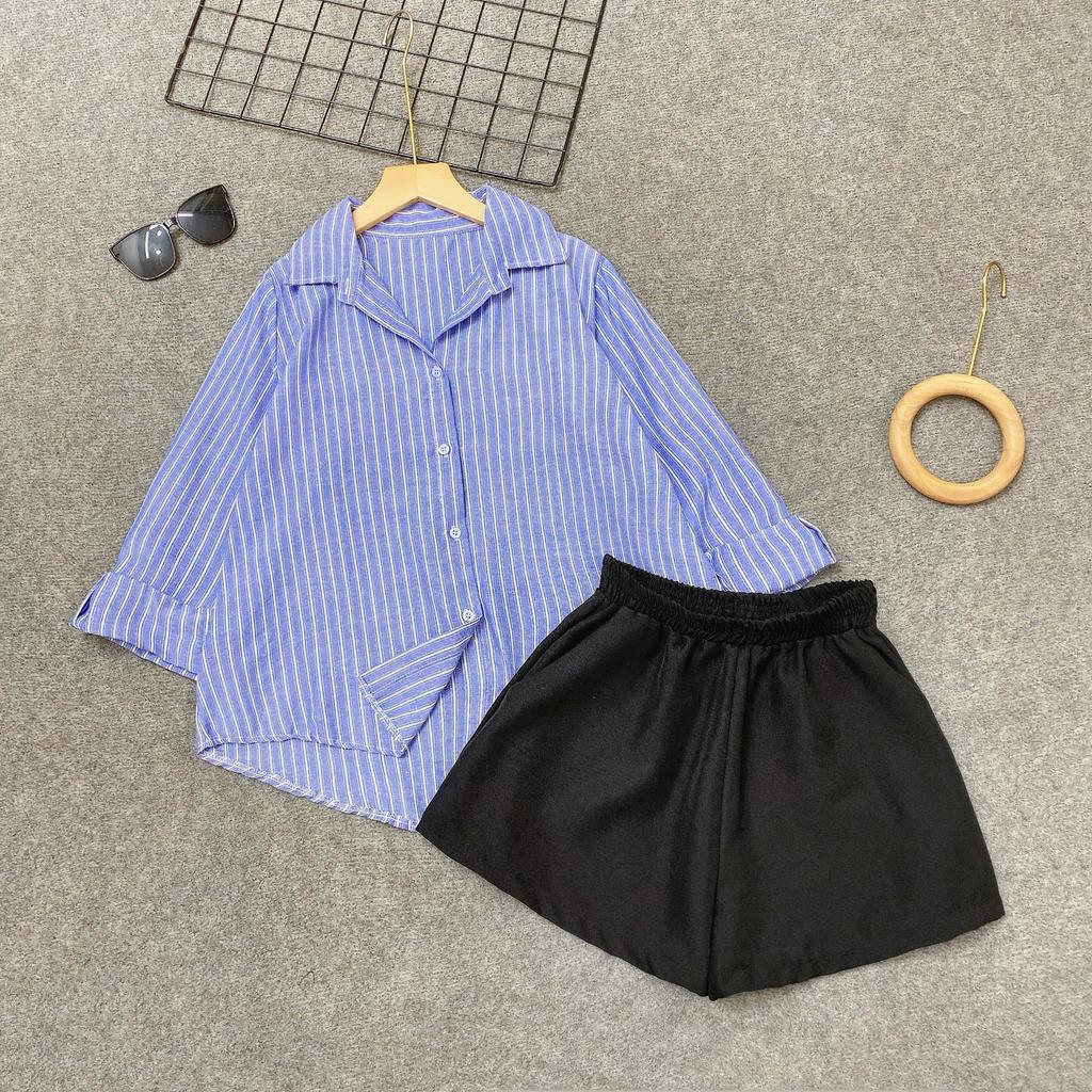 Set Đồ Kiểu Bigsize CÔ NHỎ Áo Sơ Mi Sọc Form Rộng Phối Quần Đùi Lưng Chun Co Giãn Thoải Mái Trẻ Trung- A328+Q500