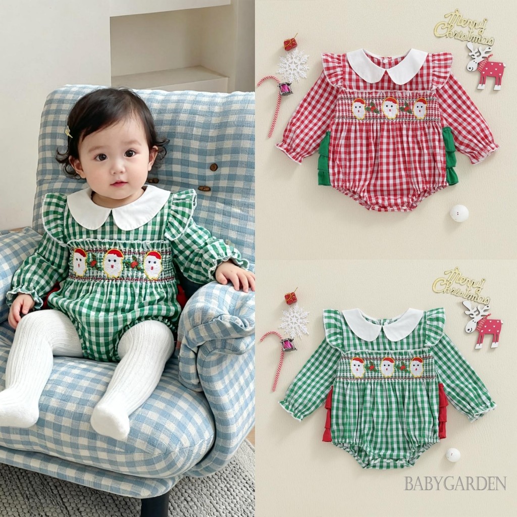 Bé Gái Giáng Sinh Áo Liền Quần Kẻ Sọc In Ông Già Noel Thêu Tay Dài Cổ Búp Bê Jumpsuit