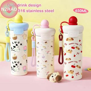 N2HAO Hoạt Hình Di Động Cốc Hút Chân Không Dung Tích Cao Có Dây Nâng 316 Thép Không Gỉ Cốc Chai Nước Cách Nhiệt Bé Trai Và Bé Gái n
