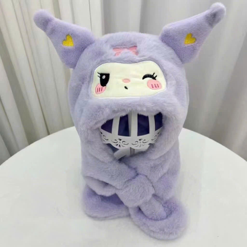 Mũ Bông Kèm Khăn Quàng Cổ Hình Kuromi Đáng Yêu Cho Bé Mũ Trùm Đầu 2 In 1 Quà Tặng Giáng Sinh Cho Bé