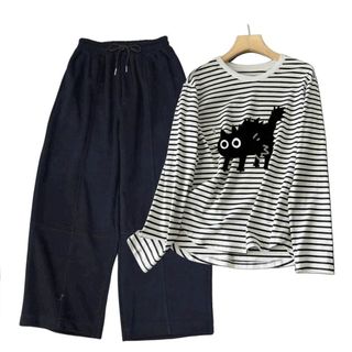 SÉT BỘ QUẦN CHUN ĐEN HÁCH DÁNG+MIX ÁO SỌC NGANG DÀI TAY CỔ TRÒN -CHỮ MÈO OMG-thuba94