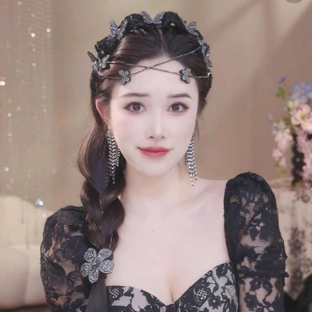JKDESIGN - Dây Đeo Đầu Nhung Bện Ren Lưới Tua Rua Sáng Bóng, Charm Dây Xích Dài, Phụ Kiệm Tóc Cho Nữ