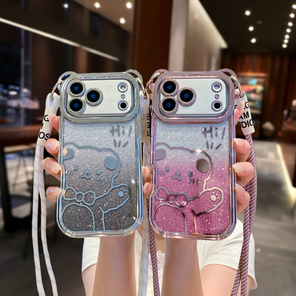 Ốp điện thoại đeo chéo hình gấu dễ thương chất lượng cao cho iPhone 17 Pro Max 13 14 15 16 pro max Air Chống rơi gương bảo vệ vỏ mềm TPU Vỏ bảo vệ điện thoại