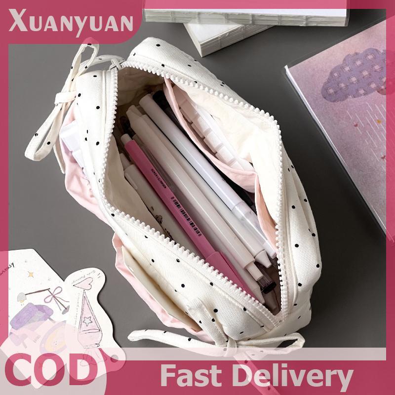 XUAN Dễ Thương Chấm Bi Nơ Hộp Đựng Bút Chì Màu Trắng Với Màu Hồng Phụ Kiện Dung Tích Lớn Dây Kéo Túi Đựng Bút Chì Học Sinh Văn Phòng Phẩm Đồ Dùng Học Tập VN