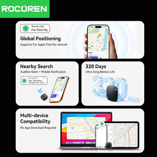 Rocoren Smart Finder Bluetooth GPS Tracker Thiết bị chống mất Tìm thẻ của tôi với báo động Định vị GPS cho iOS iPhone 17 iPad