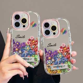 INS Flower Vỏ Gương Nhiều Màu Sắc + Dây Xích + Giá Đỡ Cho IPhone 16 11 15 14 13 12 Pro Max X Xr Xs Max 7 8 Plus Vỏ Điện Thoại Bảo Vệ Ống Kính Chống Sốc Mềm Vỏ Đen