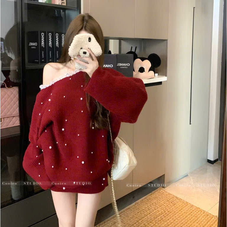 Áo Váy Trể Vai Cổ Ren Đính Ngọc KCloset Áo Len Mix Chân Váy Chữ A Kiểu Dáng Hàn NA44