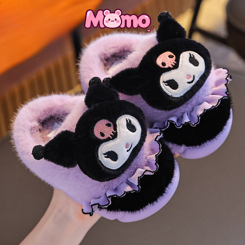 Sanrio Thu Đông Trẻ Em Dép Cotton Bé Gái Lông Cừu Ấm Áp Kuromi Cha Mẹ-Con Nhà Giày Cotton Dày