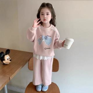 Bộ nỉ phối viền bèo cho bé gái 9-27kg. Bộ thu đông bé gái màu hồng pastel mẫu bộ nỉ BOWS . Đồ bộ dài tay bé gái. TD1