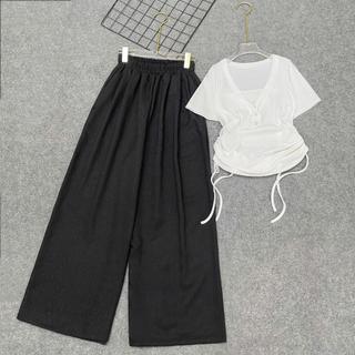 Set Bigsize Nữ 2 món áo thun nhấn eo phối quần suông ống lưng chun mềm mại co giãn thoải mái 55-93kg- A309+Q564