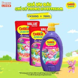 Combo Chai 700G + 2 Túi 500G Sữa Tắm Gội cho bé Carrie Junior Hương trái cây thiên nhiên Cheeky Cherry - Live