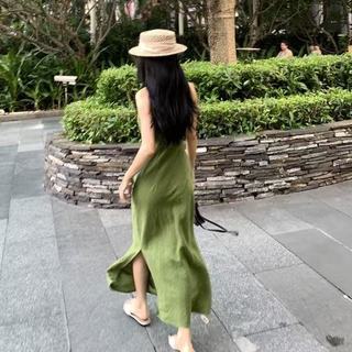 Váy vest không tay màu xanh lá cây phong cách Mori, thiết kế slimmer