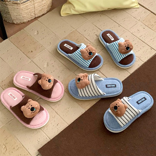 XIXITIAO Dép bông nam nữ họa tiết gấu phối màu, chất liệu cotton lanh thoải mái