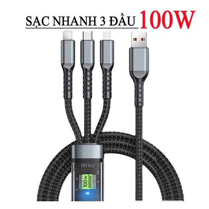 Dây Cáp Sạc Nhanh - Dây Sạc Tự Ngắt 3 Đầu 100W Micro USB Type C 3 trong 1 Dài 1m - Dây Sạc nhanh – 7