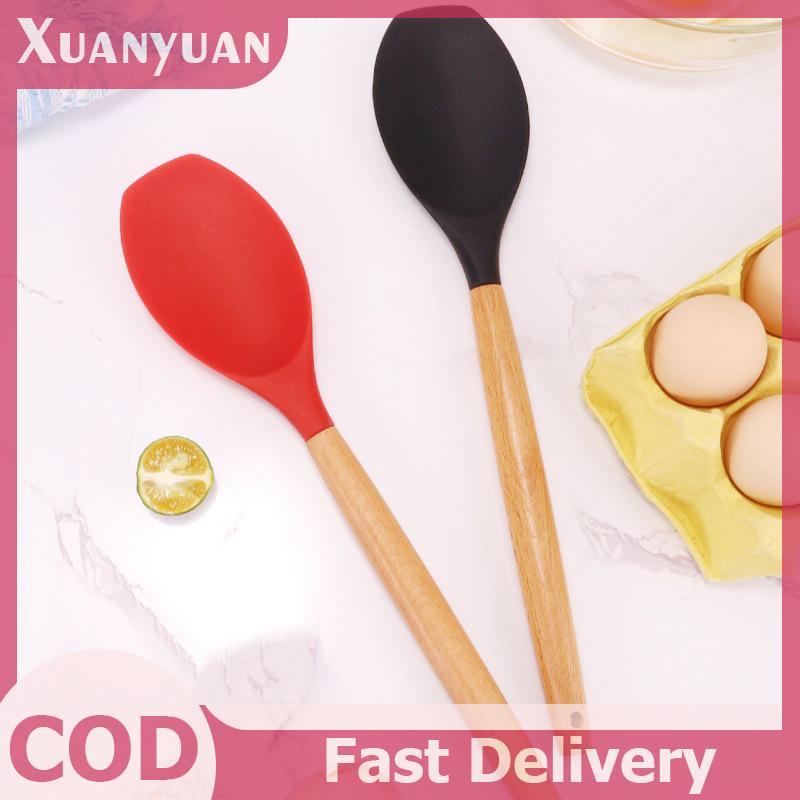 XUAN Dụng cụ nấu ăn tại nhà Silica Gel Scoop Salad Máy khuấy Muỗng Tay cầm bằng gỗ Nồi nấu Silica Gel Pot Scoop Nồi chống dính Dụng cụ nhà bếp VN
