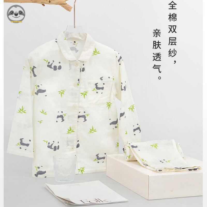 Trẻ em họa tiết dễ thương Bộ đồ ngủ Cotton nguyên chất / Bộ đồ ngủ gạc hai lớp dành cho cha mẹ và con cái / Quần dài tay bé trai Phòng chờ