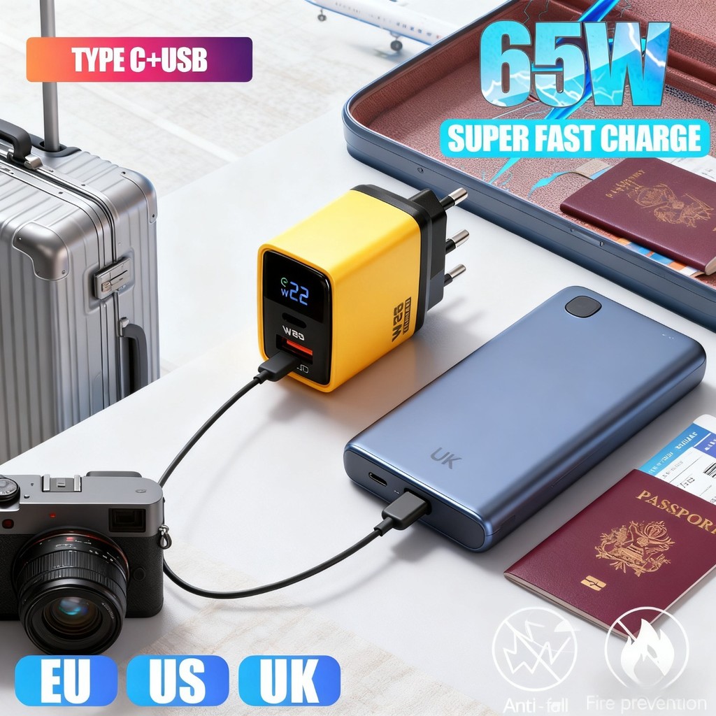 Bộ sạc nhanh màn hình thông minh 65W - Cổng USB-A / Type-C kép có màn hình nguồn thời gian thực, phích cắm toàn cầu ﻿