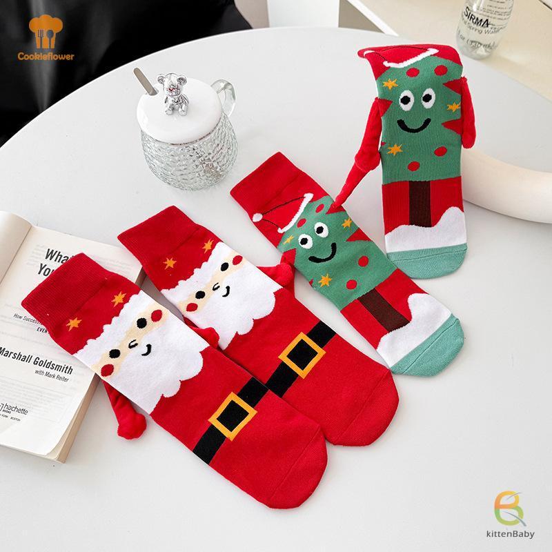 [Mèo con] 1 Đôi Ông Già Noel Dễ Thương Cây Giáng Sinh Cotton Vớ Giáng Sinh Hút Từ Tính Trong Tay Tất Unisex Cầm Tay Tất Dài Mới