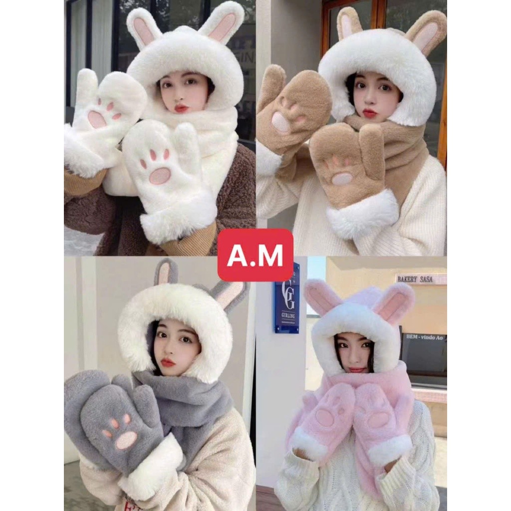 Set Mũ Bông Kèm Khăn Gang Tay Mùa Đông 3 In 1 Hình Tai Thỏ Quà Tặng Giáng Sinh Siêu Đáng Yêu Giữ Ấm Mùa Đông