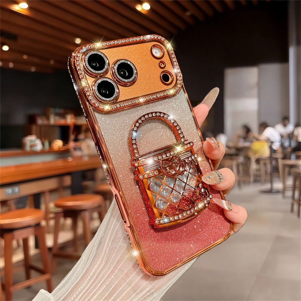 Ốp điện thoại giá đỡ gương cát lấp lánh cho iPhone 17 Pro Max 16 11 12 13 14 15 Pro Max Ống kính Bảo vệ Camera Vỏ chống sốc Vỏ mềm TPU