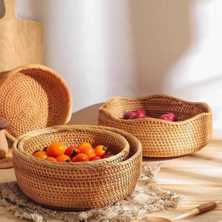 Phong Cách Mục Vụ Tự Nhiên Sáng Tạo Handmade Mây Giỏ Trái Cây Thích Hợp Cho Gia Đình Phòng Khách Phòng Ăn Ăn Ăn Nhẹ Bánh Mì Kẹo Đồ lặt vặt Giỏ Chứa Đồ