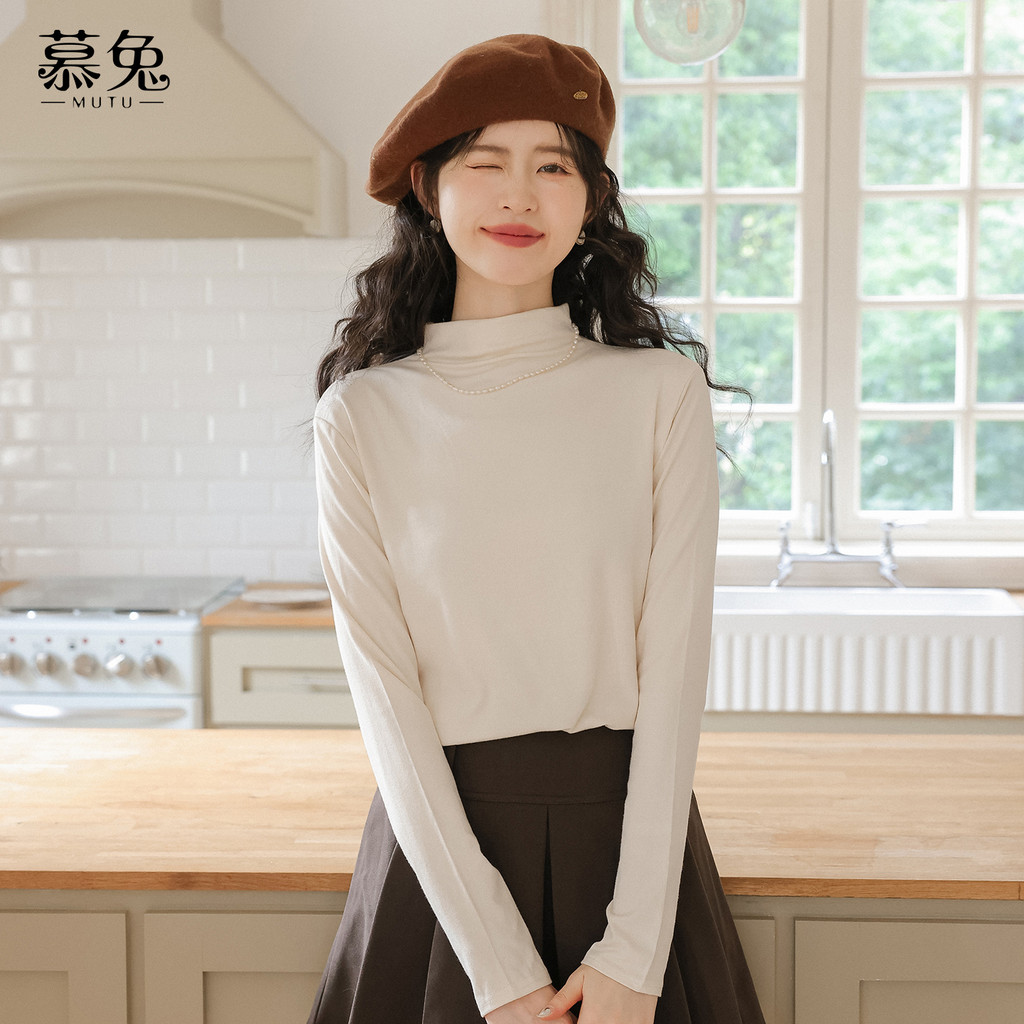 Mutu Màu Trơn Nửa Cổ Cao Dài Tay Áo Thun Nữ Mùa Xuân 2026 Phong Cách Mới Thời Trang Bên Trong Slim-fit Ôm Hơn Nhìn Đáy