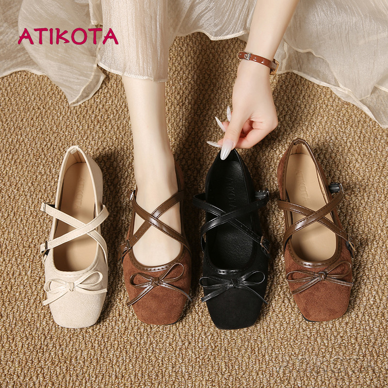 Giày Đế Bằng Nữ Atikota Có Dây Đeo Chữ Thập Trang Trí Nơ Đa Năng Thoải Mái Nhẹ Thường Ngày Đế Bằng