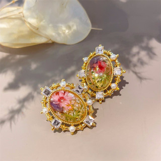 Ｂông tai hổ phách hoa khô nhiều màu sắc, mạ vàng mờ 18K, phong cách cổ điển Pháp - Phụ kiện cao cấp