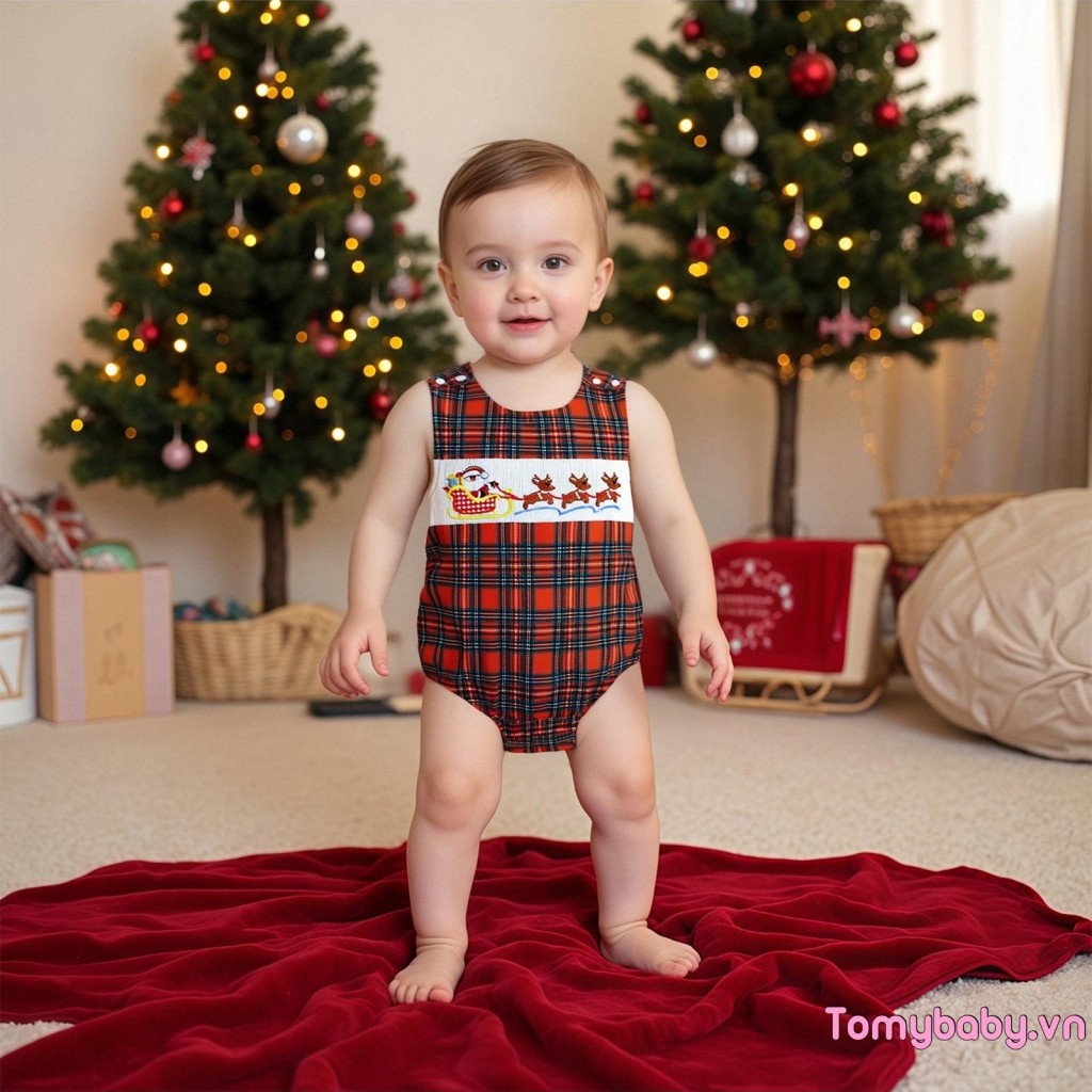 Áo liền quần kẻ sọc cho bé Tuần lộc Giáng sinh / Ông già Noel / Bộ áo liền quần không tay thêu bánh gừng