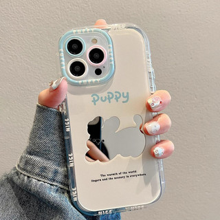 INS Cute Puppy Vỏ Gương Đơn Giản + Dây Xích Cho IPhone 16 11 15 14 13 12 Pro Max X Xr Xs Max 7 8 Plus Vỏ Điện Thoại Bảo Vệ Ống Kính Chống Sốc Mềm Vỏ Đen