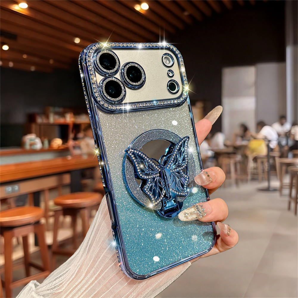 Ốp điện thoại giá đỡ gương bướm lấp lánh cho iPhone 17 Pro Max 16 11 12 13 14 15 pro max Air 15 16 plus Ống kính bảo vệ Camera Vỏ chống sốc TPU mềm điện thoại