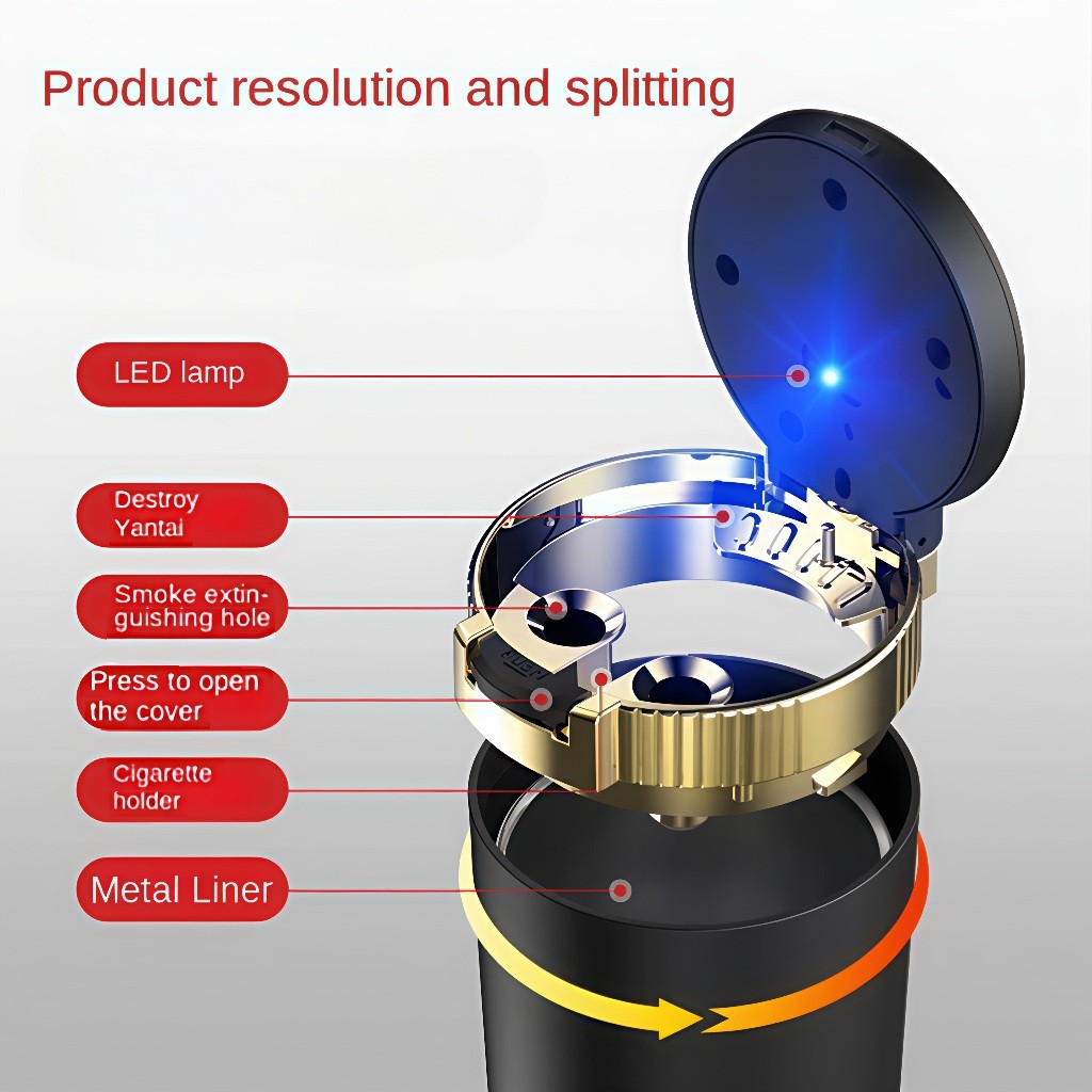 Gạt tàn ô tô lót inox, chất liệu ABS chống cháy, thiết kế đèn LED, nắp mở tự động，gạt tàn thuốc，Có Đèn