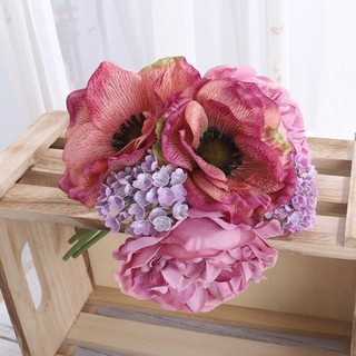 Hoa Giả Anh Túc Mẫu Đơn Lụa Cao Cấp Trang Trí Nhà Cửa Đẹp Bó Silver Anemone Peony Silk Flowers Artificial Bouquet Wedding Photography Props Fake Plants Floral Arrangement Vintage Aesthetic Room Decoration Gift Nordic Style DIY Hand Tied Realistic Petals