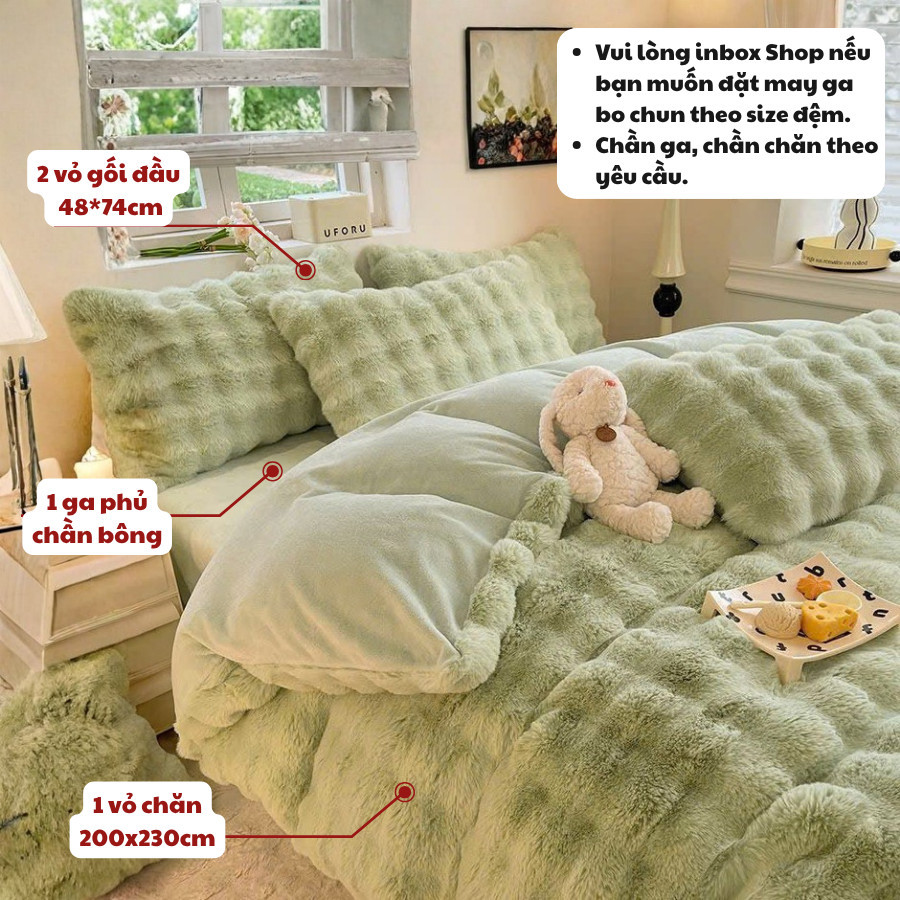 Bộ chăn ga gối 4 món nỉ lông hồ ly Memminbedding Luxury dày dặn, ấm áp, không xù lông, không bai nhão - SGN346