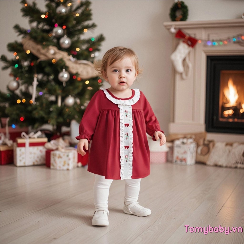 Bé Gái Tập Đi Giáng Sinh Một Dòng Đầm Kẹo Nơ Thêu Xù Cổ Tròn Dài Tay Váy