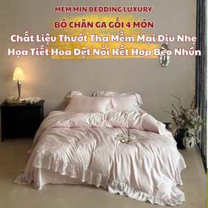 Bộ chăn ga gối chất liệu mềm mịn thướt tha MemMinbedding Luxury họa tiết in hoa nổi phối viền bèo - L41693
