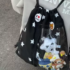 Ba lô dây rút chấm bi hình ngôi sao dễ thương HNKMP có túi đi học trong suốt Túi đựng đồ du lịch nhẹ dung tích lớn.