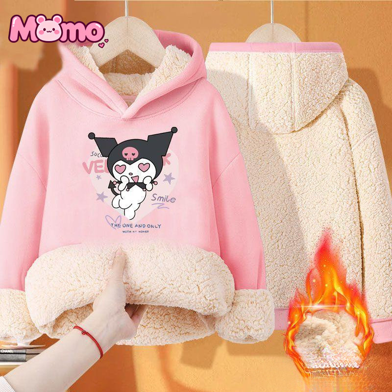 Áo Hoodie cổ tròn bằng len cừu in họa tiết Sanrio Kuromi cho bé gái, áo nỉ cách nhiệt mùa đông
