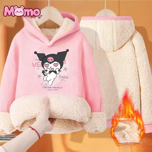 Áo Hoodie cổ tròn bằng len cừu in họa tiết Sanrio Kuromi cho bé gái, áo nỉ cách nhiệt mùa đông