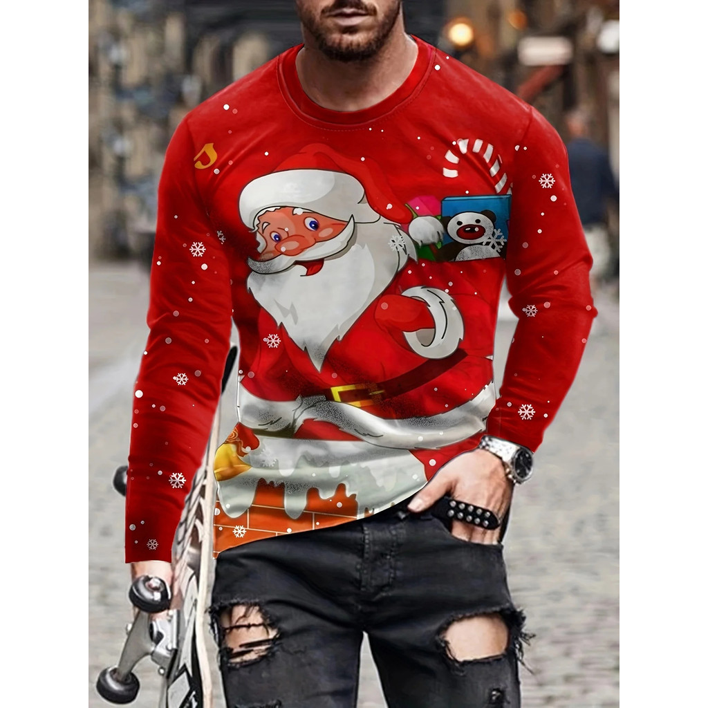 Áo Thun Ông Già Noel Họa Tiết Trừu Tượng, Cổ Tròn, Thoáng Mát Cho Tiệc Giáng Sinh Và Mặc Hằng Ngày