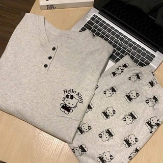Bộ ngủ cổ tròn cài cúc mặc nhà cho nữ dài tay form rộng họa tiết kitty cute, BỘ CÚC CÀI
